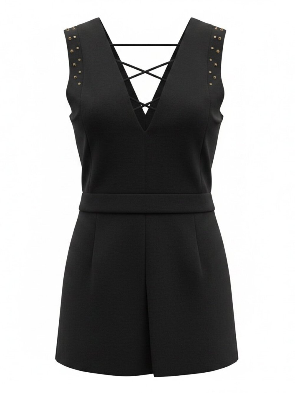 Zara Basic Black Studded Lace-Up V-Neck Romper Shorts Jumpsuit - Small